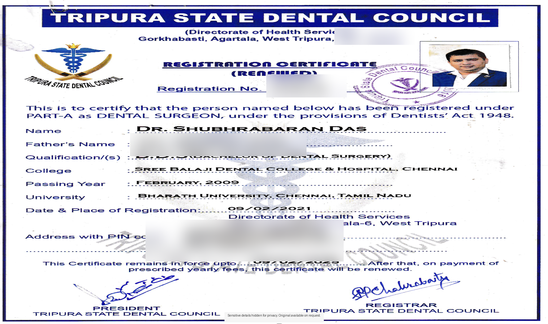 Professional registration certificate (redacted)