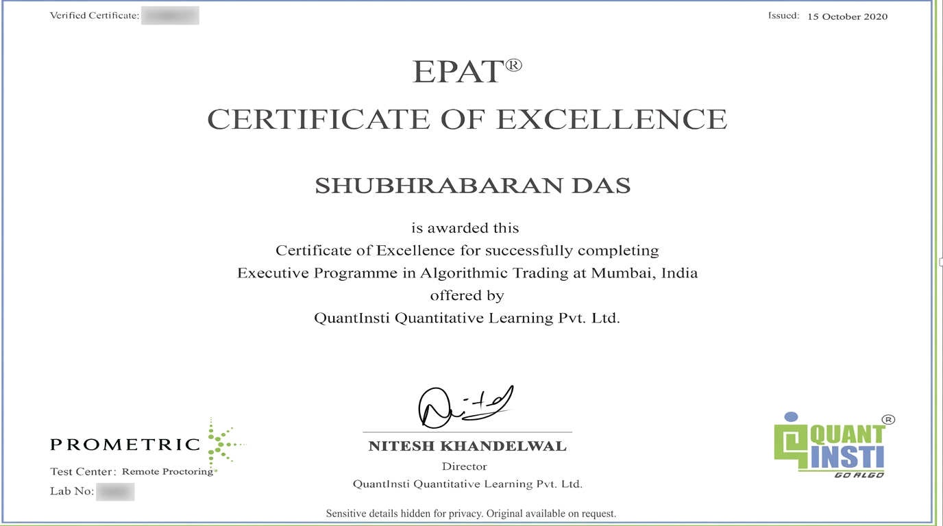 EPAT Certificate of Excellence from QuantInsti (redacted)