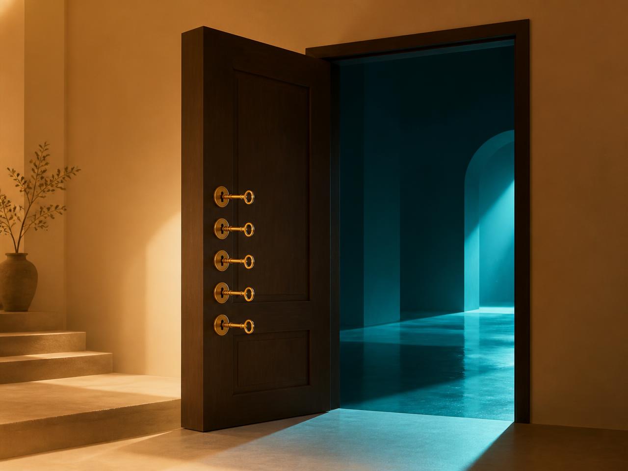 Five golden keys turning together in one door as it opens to light